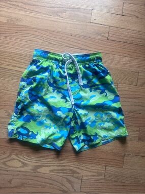 Kids Green & Blue Camo Swim Trunks with Drawstring